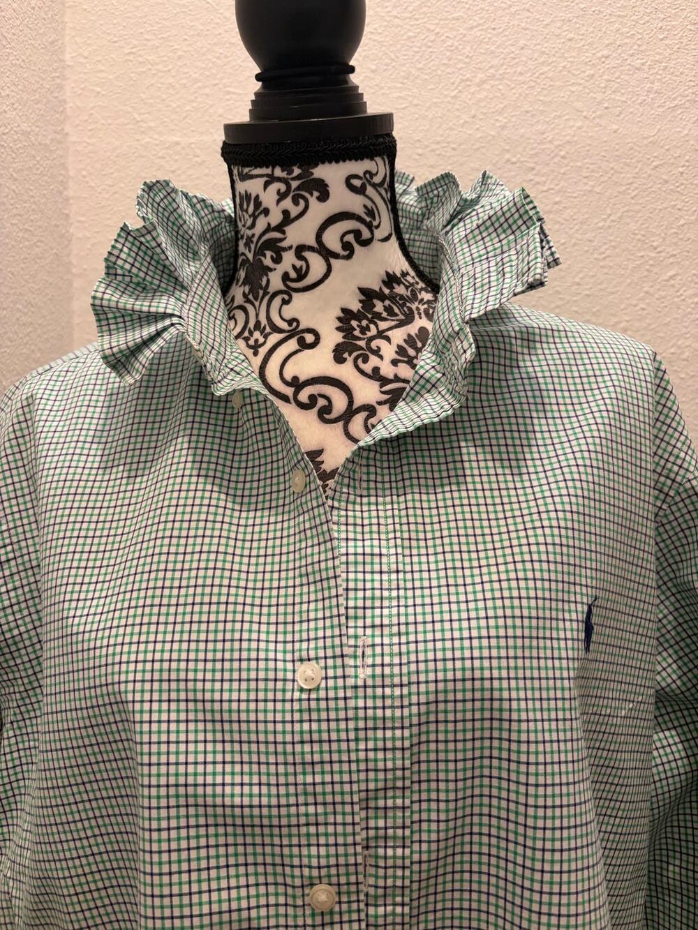 Ralph Lauren Polo Upcycled Ruffle Collar Check Button Down Shirt 16.5 Green Blue